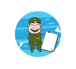 Laughing Cartoon Army Man Showing a Banner Vector Illustration