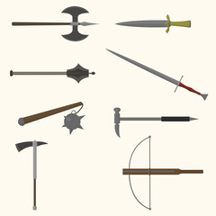 Flat design colors medieval cold weapon set.