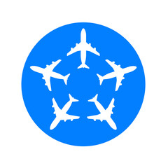 Icono plano cinco aviones en circulo azul