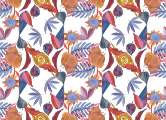 акварельный паттерн, обои с растительным рисунком, бордовые листья и травы