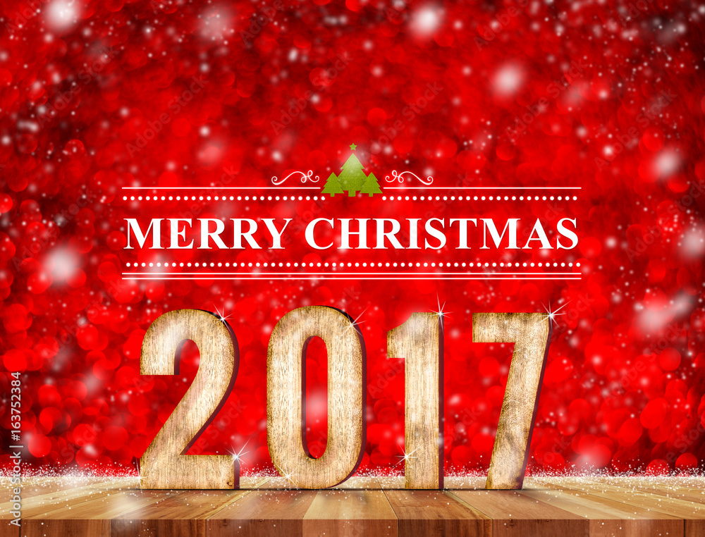 Poster merry christmas 2017 word in perspective room with red sparkling bokeh lights and wooden plank floor