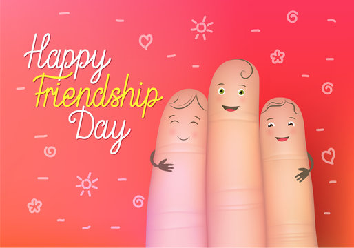 Happy friendship day poster. Realistic finger people card. Celebration card showing affection and bond between real friends. Flat style vector illustration on red background