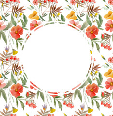рамка с изображением акварельных цветов, красные маки и желтые лилии, кругая рама