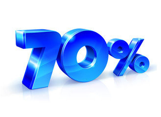 Glossy blue 70 Seventy % percent off, sale. Isolated on white background, 3D object.