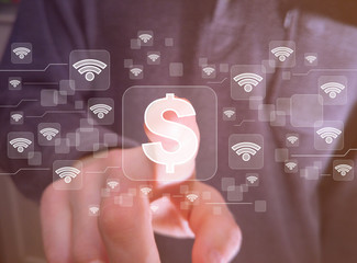 Social network wifi business button dollar currency icon wi fi.