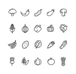 Vegetables Food Black Thin Line Icon Set. Vector