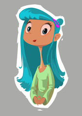 Digital vector funny comic cartoon happy kid fairytale girl with blue hair and very long comic neck, brown skin green dress, hand drawn illustration, abstract realistic flat style