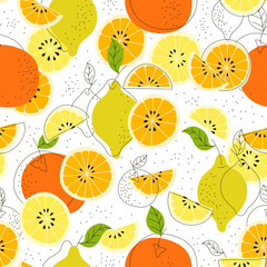Seamless citrus pattern. Fruit vector background. Colorful background with lemon and orange. Natural and healthy food. Fresh juice