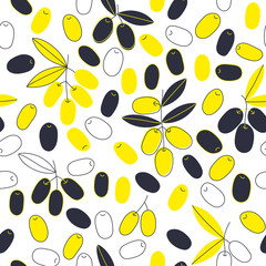 Fototapeta premium Olive branch seamless pattern, olive background hand drawn vector. Olives graphic. Mediterranean food wallpaper. Illustration for wrapping, wallpaper or print.