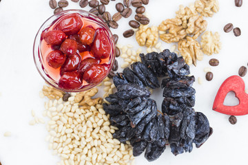 Products on horizontal marble white surface.