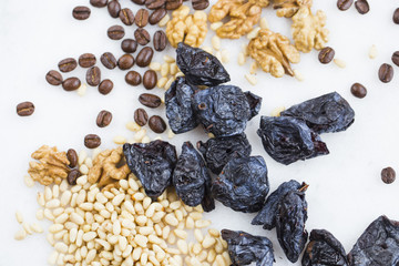 Products on horizontal marble white surface.