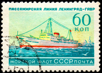 UKRAINE - CIRCA 2017: A postage stamp printed in USSR shows Soviet Liners Ship and Inscription Soviet Navy, Passage line Leningrad - Havre, from the series Ships, circa 1959