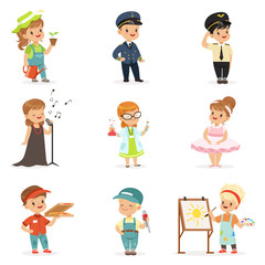 Cute kids in various professions set. Smiling little boys and girls in uniform with professional equipment colorful vector illustrations