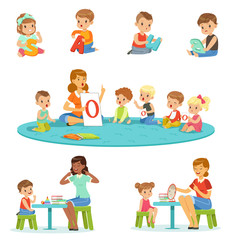 Smiling little boys and girls sitting on the floor and studying alphabet with their teacher set. Childrens activity in the kindergarden colorful vector illustrations