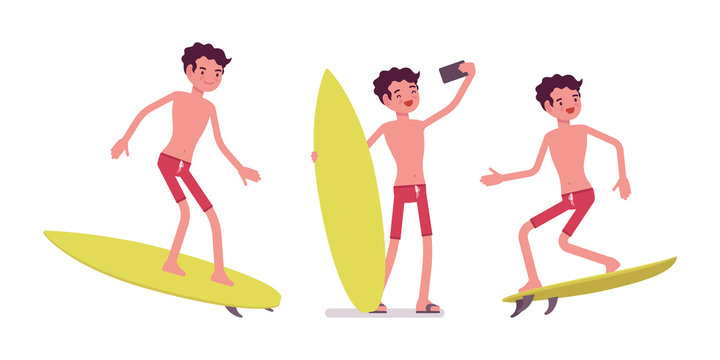 Young man in summer beach outfit surfing
