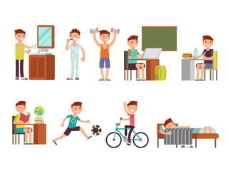 Child boy daily routine vector set