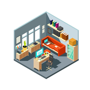 Isometric home office interior. 3d workspace with computer and furniture