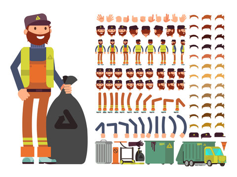 Sanitation worker vector man character. Creation constructor with set of body parts and garbage collection equipment