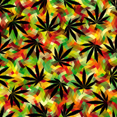 Seamless background pattern. Geometric abstract background and hemp leaves.