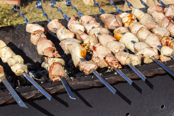 Cooking meat on the fire top view