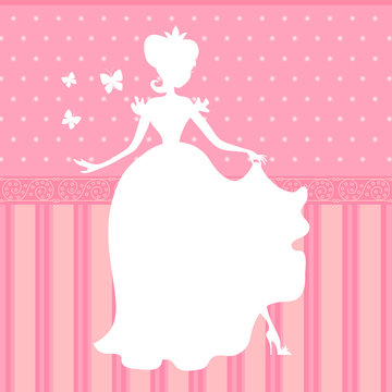 Retro vector pink background with little beautiful princess silhouette
