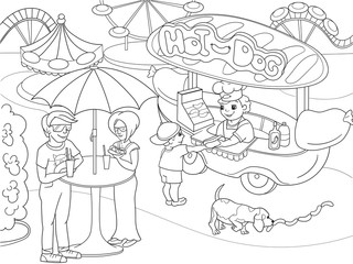 Amusement park coloring pages for children. Hot dog. Food Truck vector illustration
