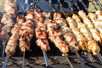 Cooking meat on the fire top view