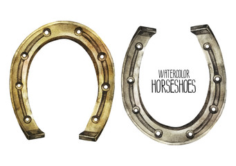 Watercolor horseshoes in golden and silver colors