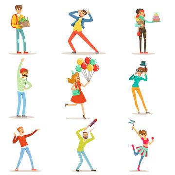 Happy people celebrating, giving gifts and having fun at a birthday party set of colorful characters vector Illustrations