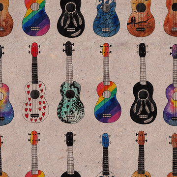 Seamless pattern with ukulele. Hawaiian guitars kraft background