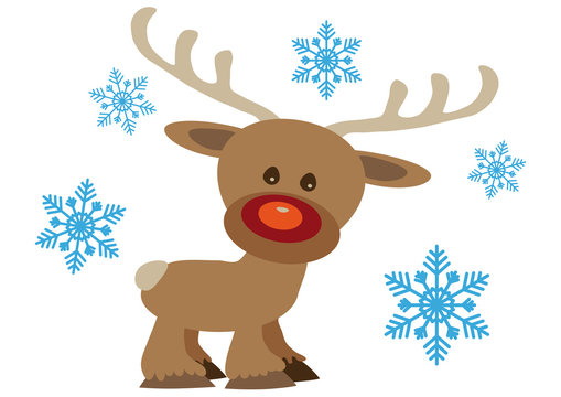 Christmas card with cartoon Rudolf reindeer and snowflakes