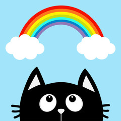 Black cat looking up to cloud and rainbow. Cute cartoon character. Valentines Day. Kawaii animal. Love Greeting card. Flat design. Blue background. Isolated.
