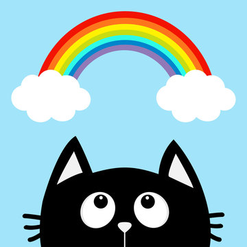 Black cat looking up to cloud and rainbow. Cute cartoon character. Valentines Day. Kawaii animal. Love Greeting card. Flat design. Blue background. Isolated.
