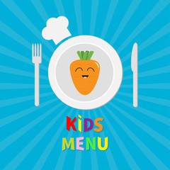 Kids Menu card. Fork, plate, knife and chefs hat icon. Carrot vegetable face. Cute cartoon smiling character. Healthy food. Flat design style. Blue starburst sunburst background.