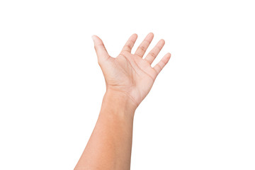 Obraz premium left hand of a business man show empty hand to help, receive, lift or help some body. grab action. isolated on white background