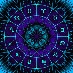 Magic circle with zodiacs sign on abstract mystic background.