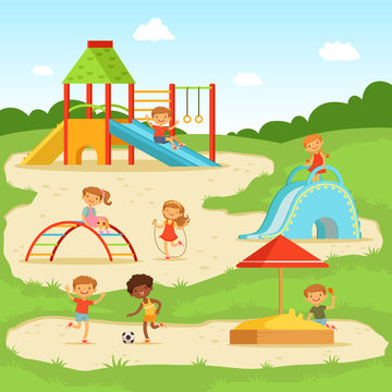 Naklejki Funny children at summer playground. Kids playing in park. Vector illustration