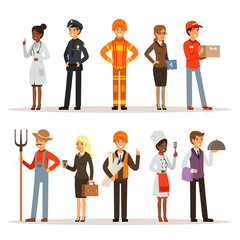 People group in different professions. Fireman, doctor and teacher. Builder, policeman and courier. Vector characters in action poses