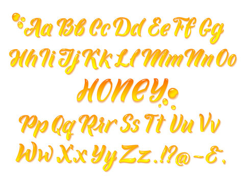 Liquid Honeyed Latin Alphabet With Gold Splashes. Hand Writing Yellow Letters Vector Set