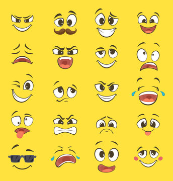 Cartoon emotions with funny faces with big eyes and laughter. Vector emoticons on yellow background