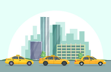 Fototapeta na wymiar Vector background illustration of modern urban landscape with different buildings and taxi cars