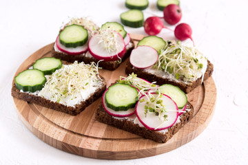 Tasty healthy sandwich Rye sandwich with radish cucumber Copy space Healthy breakfast