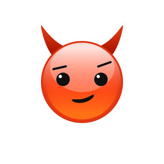 Red smiling devil vector emoticon. Smirking emoji face with horns and sly smile isolated on white background.