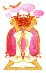Symbol of the Gemini astrological sign, Two barefoot girls in white dresses with their hair and hands clasped sit back to back against an ornamental background.