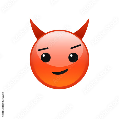 "Red smiling devil vector emoticon. Smirking emoji face with horns and
