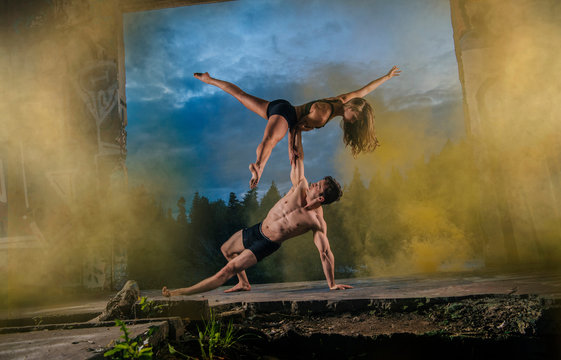 Acrobats performing on outdoor stage, Bainbridge, Washington, USA
