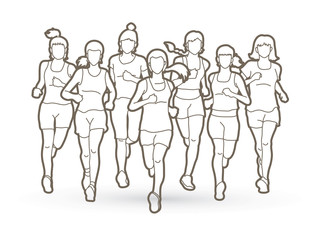 Women running, Marathon runners, Group of people running outline graphic vector.