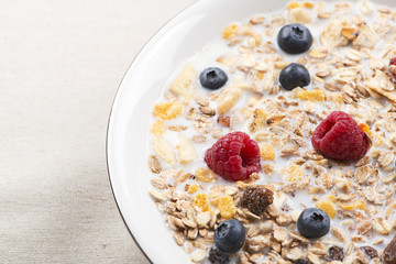 Plate of cereals with milk, raspberries and blueberries.