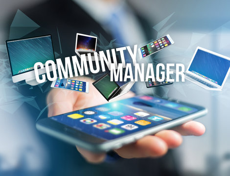 Community manager title surounded by device like smartphone, tablet or laptop - Internet and communication concept