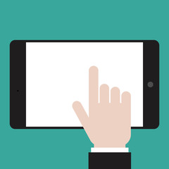 Hand pointing on black tablet selecting something empty white mobile phone screen. Vector template mockup isolated on green teal background.